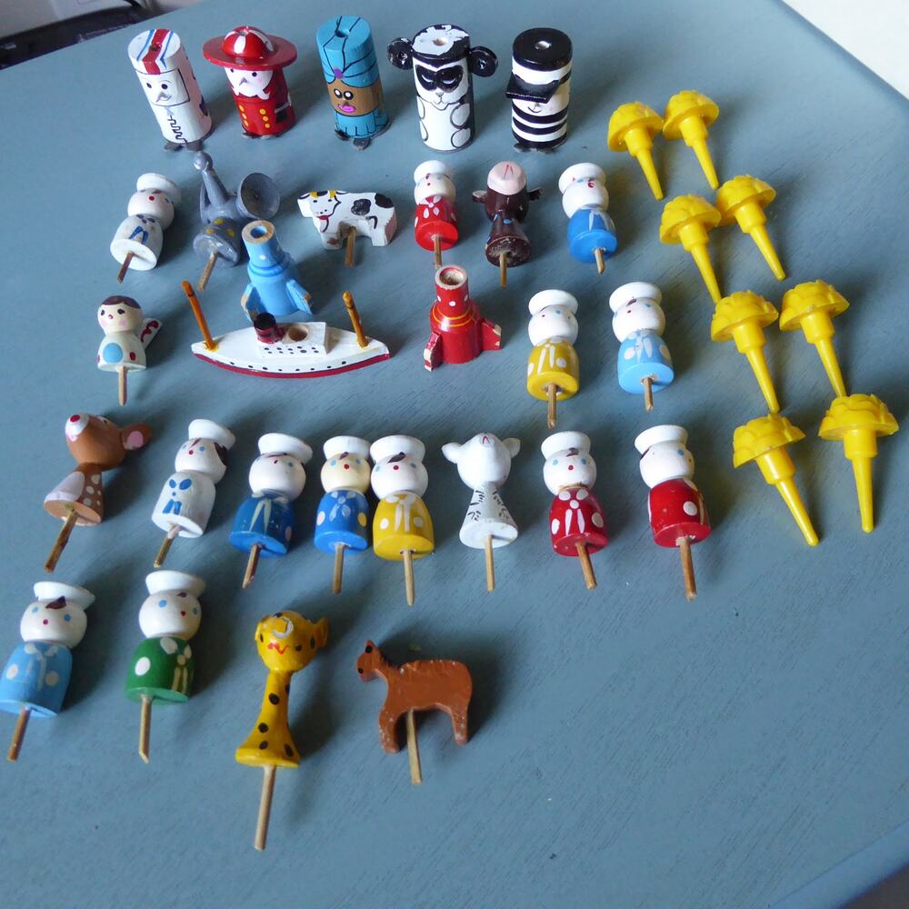 VTG 37 Novelty Wooden Hand Painted Birthday Cake Toppers Candle Holders Japan?